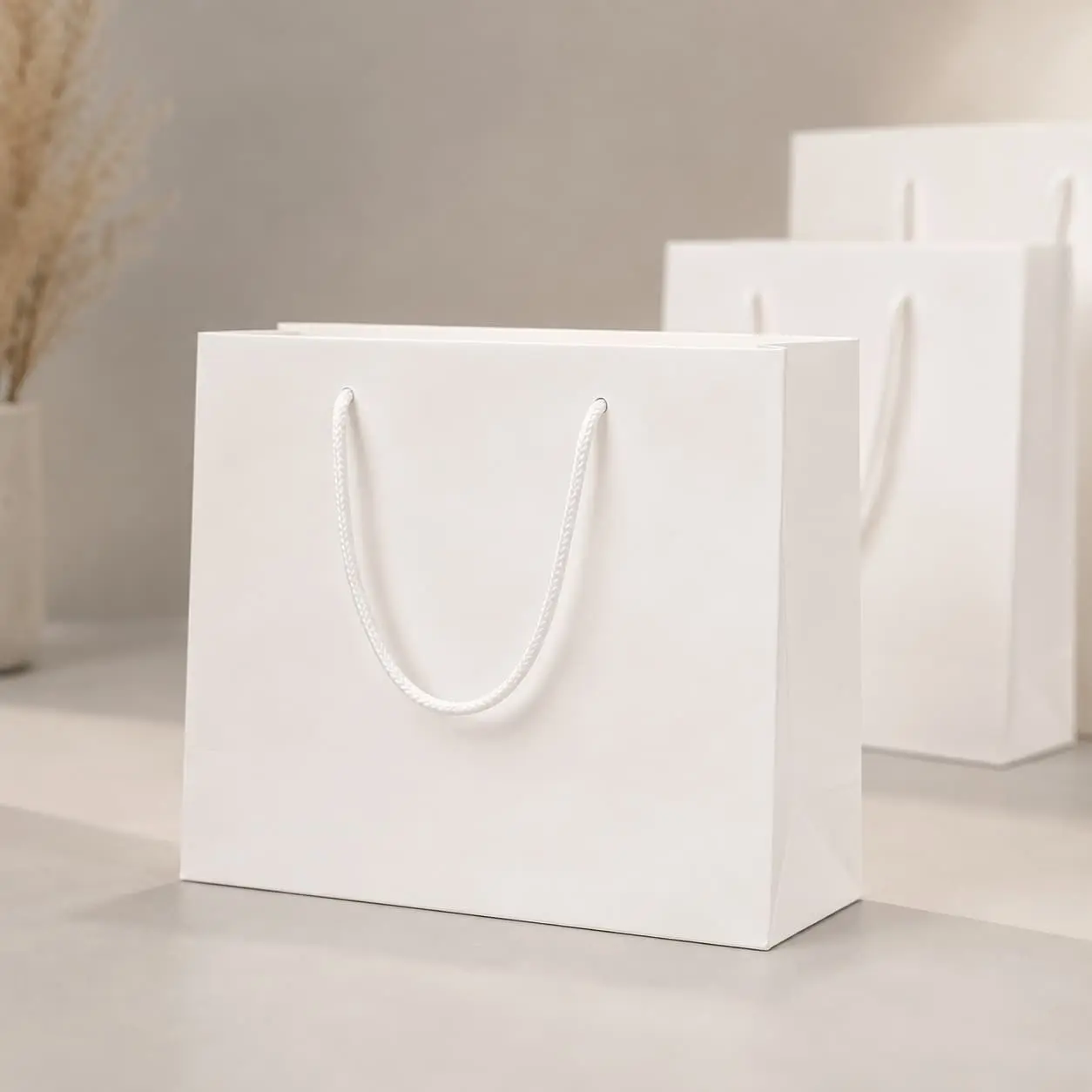 China Custom White Paper Shopping Bags with Twisted Rope Handles Manufacturers, Factory