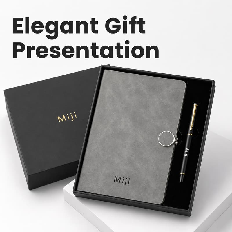 Premium grey notebook and pen gift set presented in a black box with gift bag