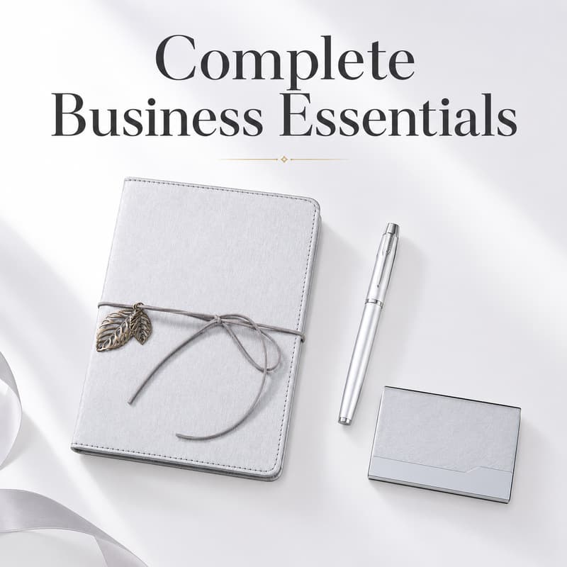 Silver notebook, pen and card holder shown as practical daily business accessories