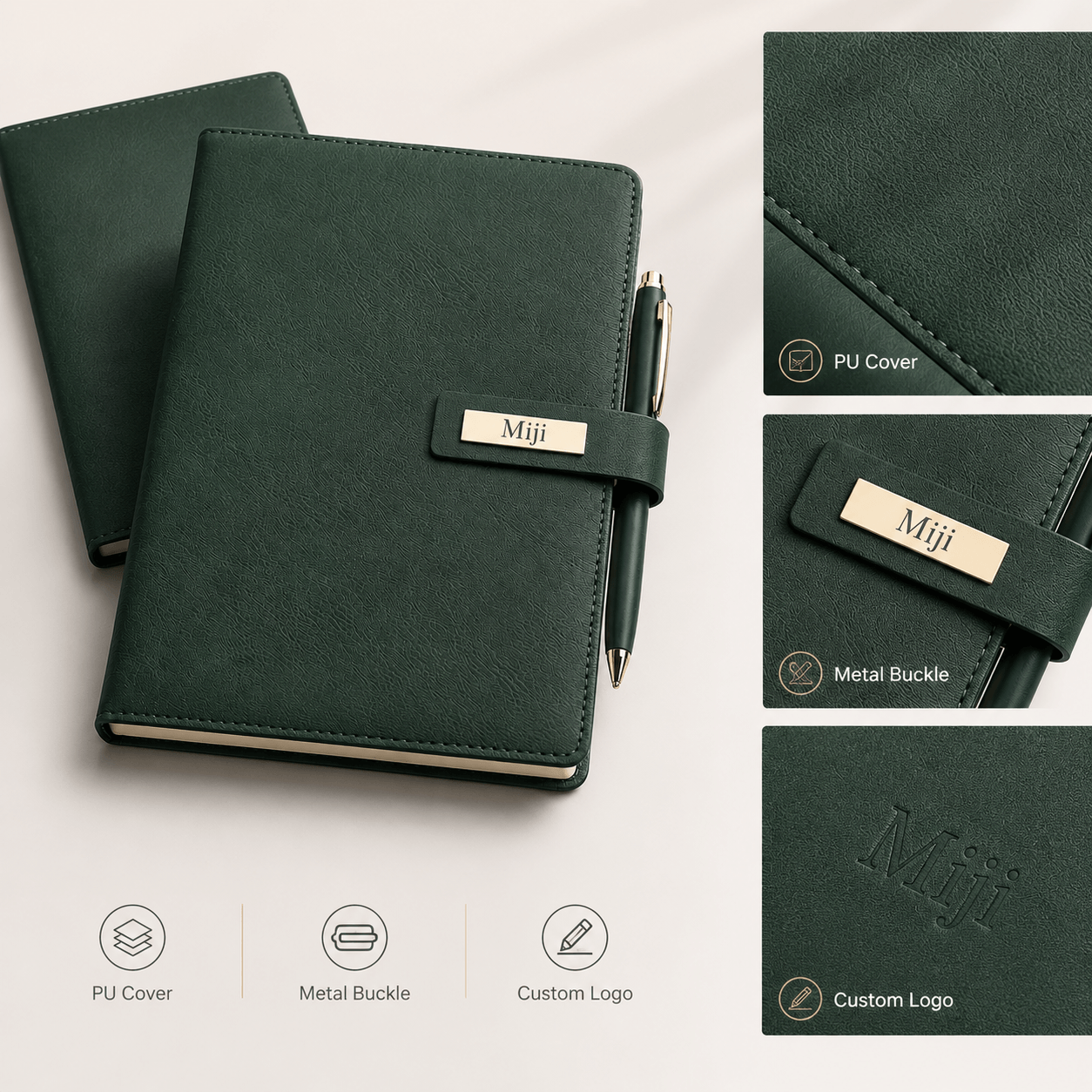 PU leather cover metal buckle and custom logo options for A5 business notebook