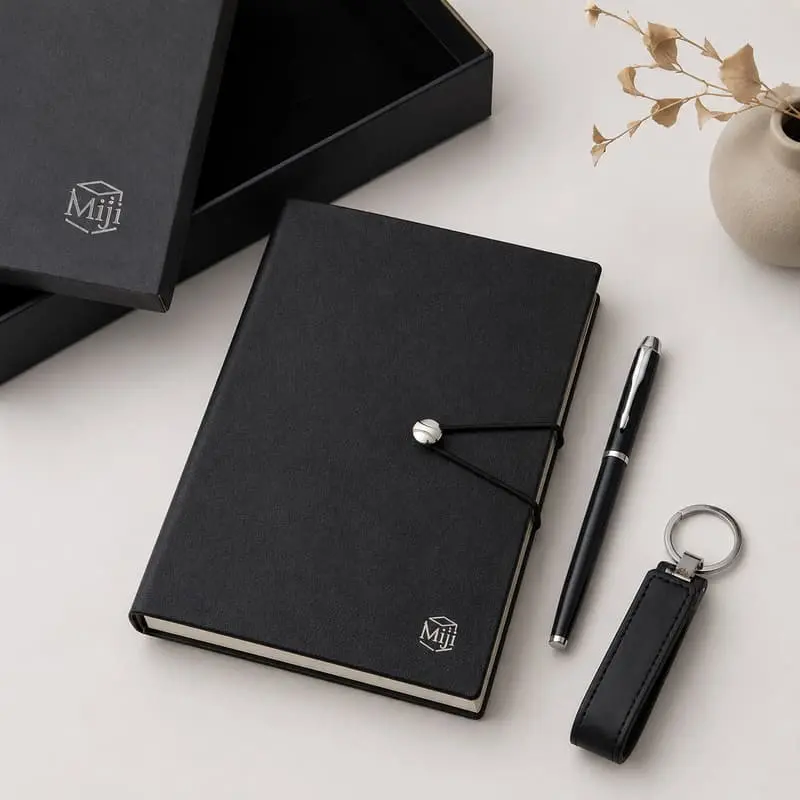 Custom Black Business Gift Set with Notebook, Pen and Keychain