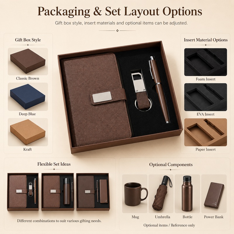 Packaging and set layout options with gift box style, insert materials, flexible set ideas and optional components