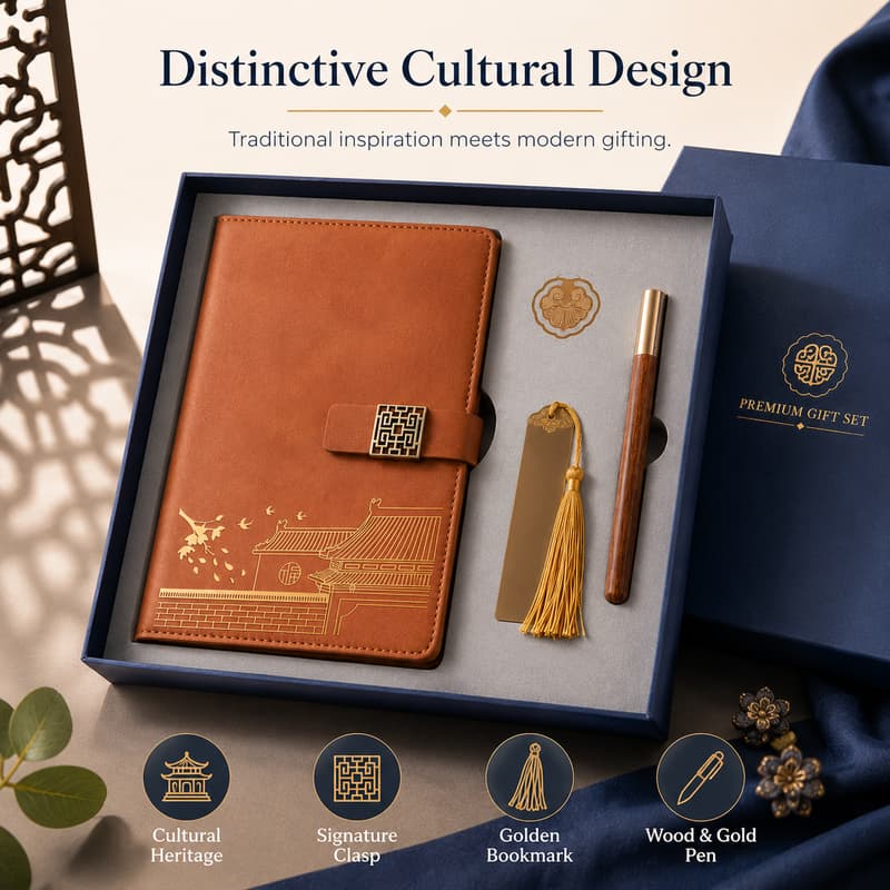 Cultural notebook, bookmark and pen in blue packaging