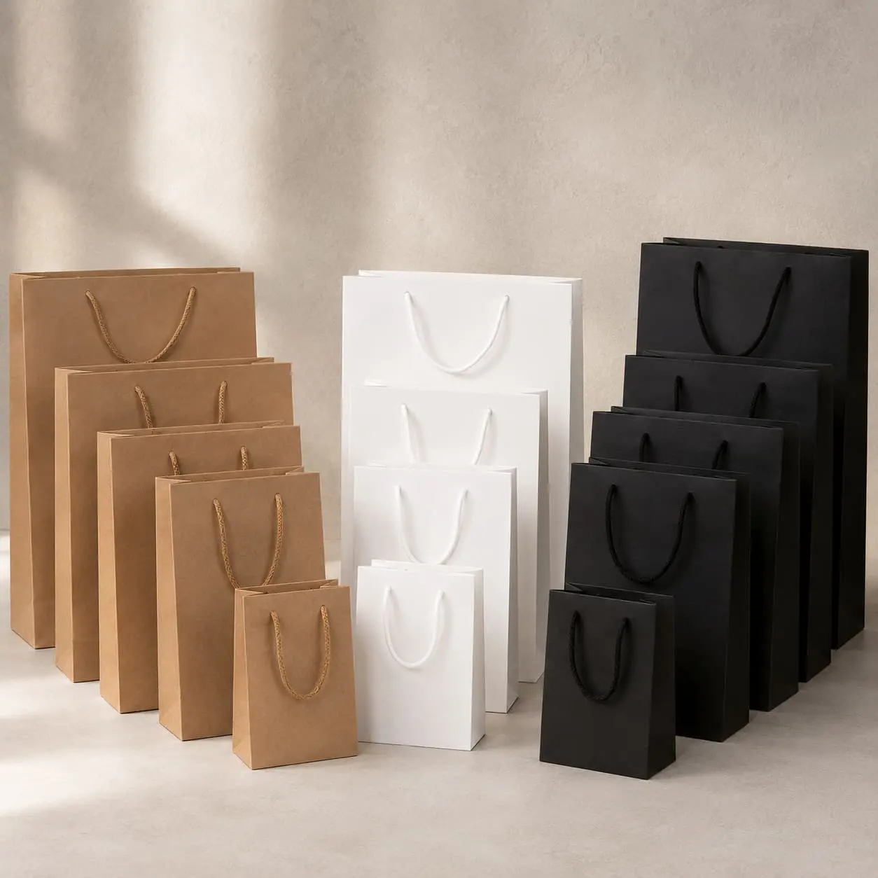 China Custom Kraft, White & Black Paper Gift Bags | Multi-Size Retail Packaging Manufacturer, Factories