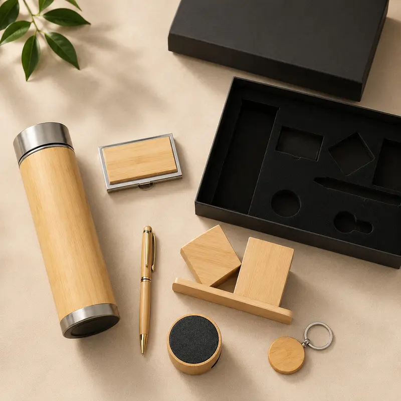 Custom Bamboo Office Gift Set with Bottle, Desk Organizer, Pen, Card Case and Keychain
