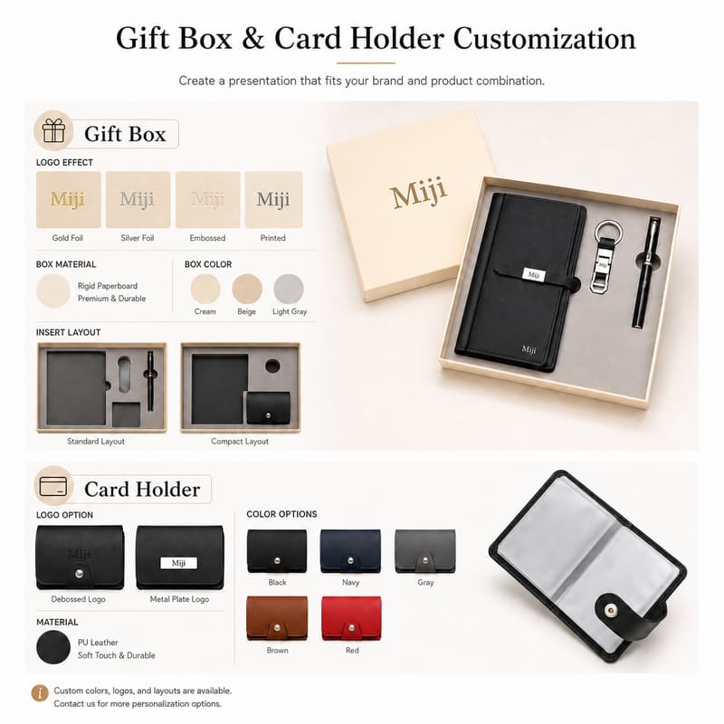 Custom cream gift box logo, insert layout and card holder material options