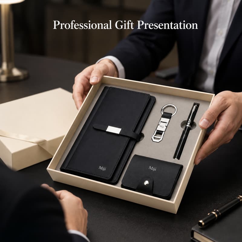 Business professional presenting an open cream business gift box