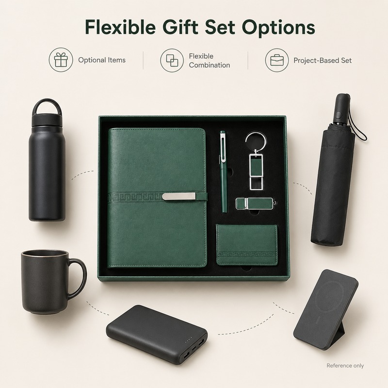 Flexible green gift set options with optional promotional items