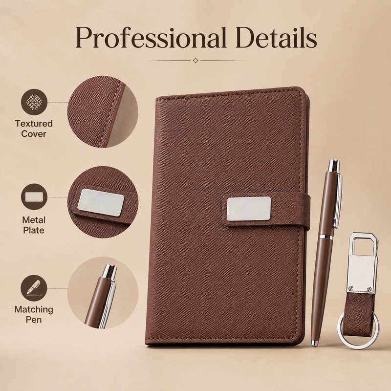 Textured notebook cover, metal plate, matching pen and keychain details