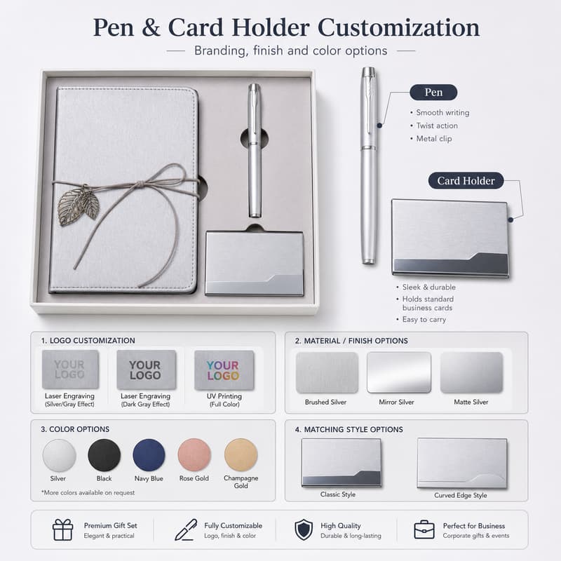 Custom pen and card holder options for branding, finish and color matching