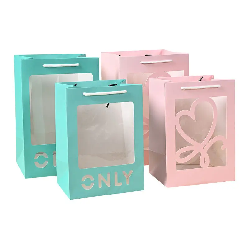 Custom Logo Recyclable Shopping Gift Paper Bags With Clear Transparent Window