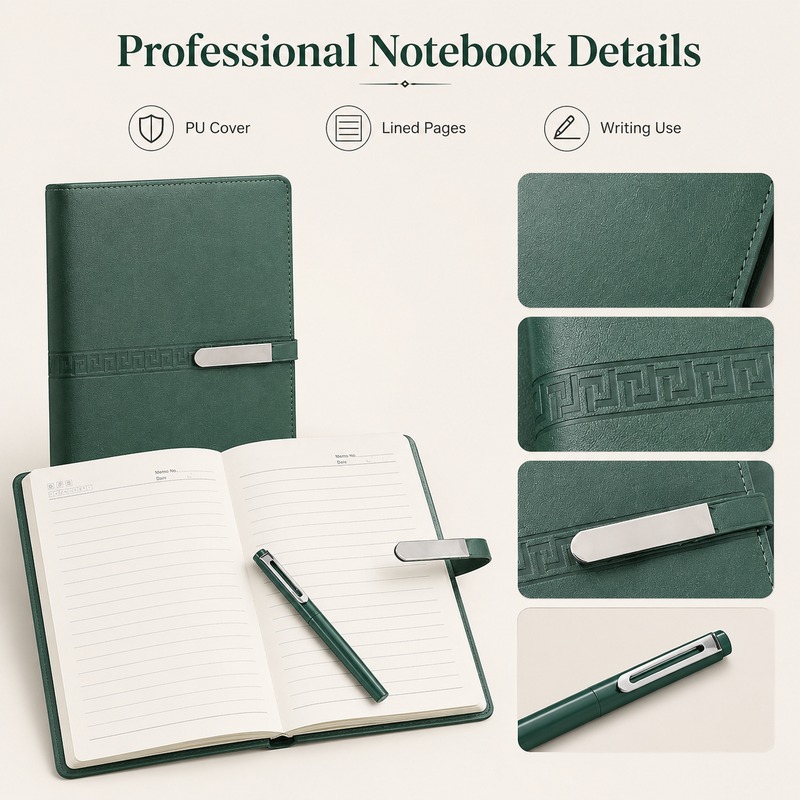 Professional green notebook details with PU cover, lined pages and writing use