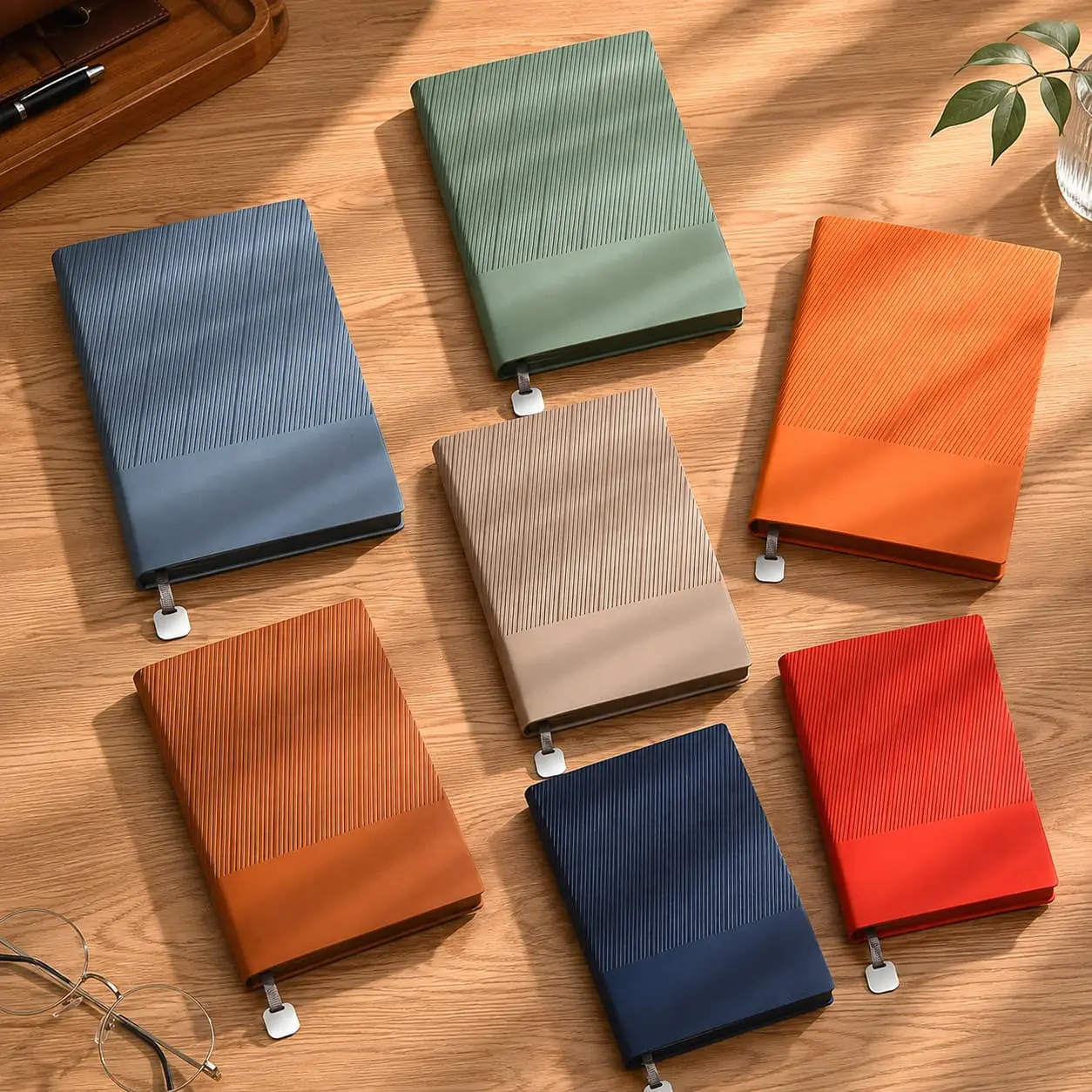 China Custom A5 Striped PU Hardcover Notebook with Metal Ribbon Bookmark and Optional Side Pen Holder Manufacturer, Factory