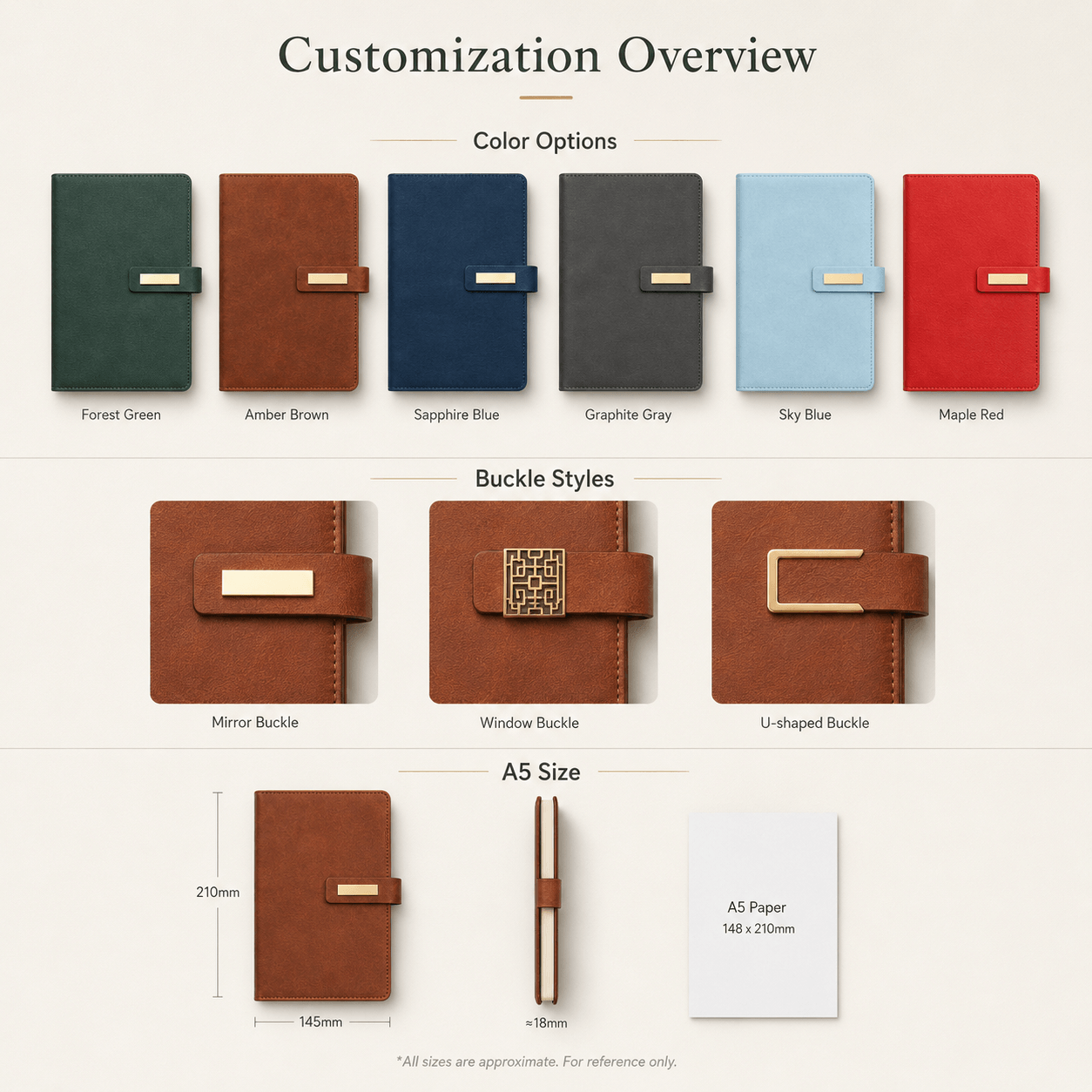 Customization overview of color options buckle styles and A5 size for notebook