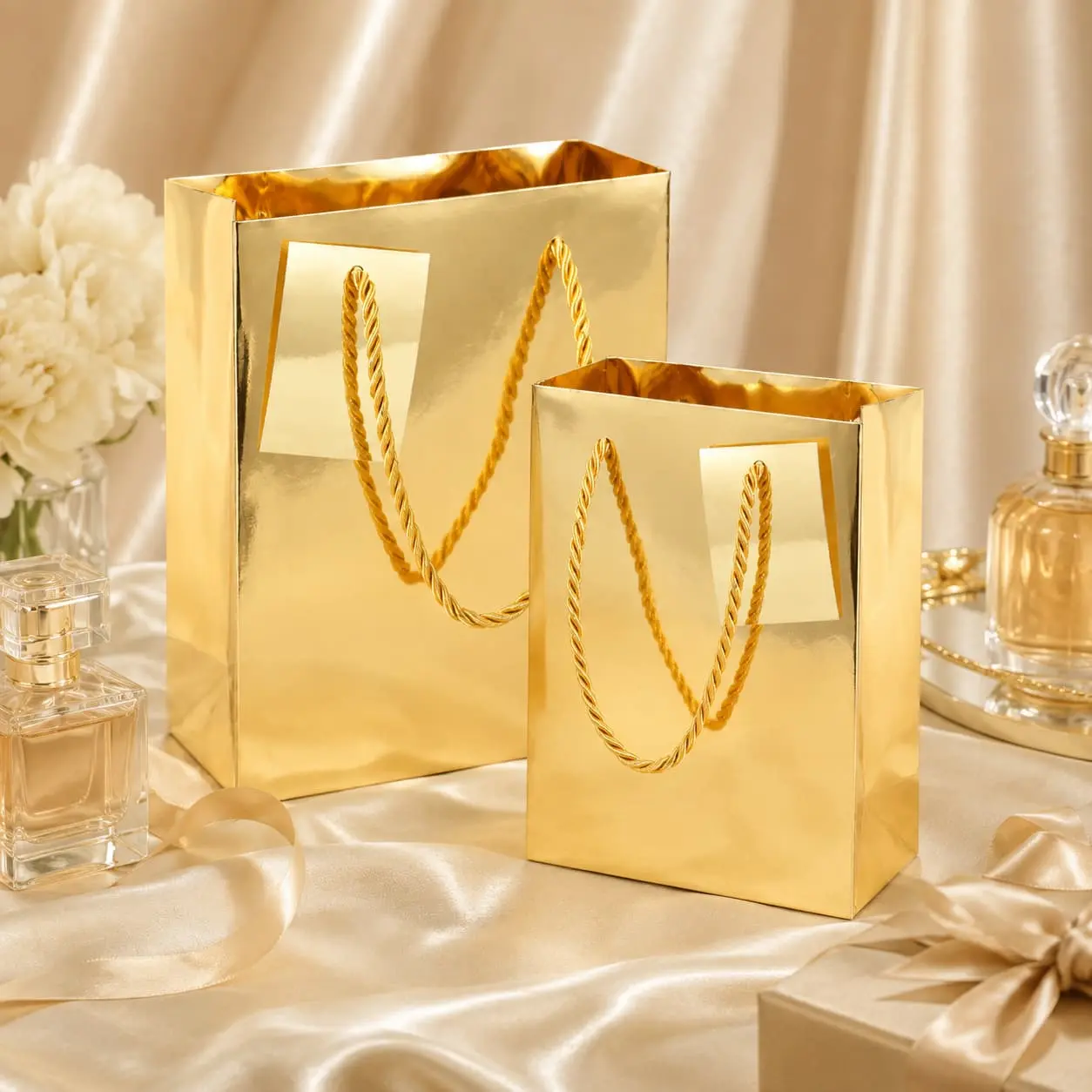 Wholesale Custom Metallic Gold Paper Gift Bags with Twisted Rope Handles Suppliers, Factory
