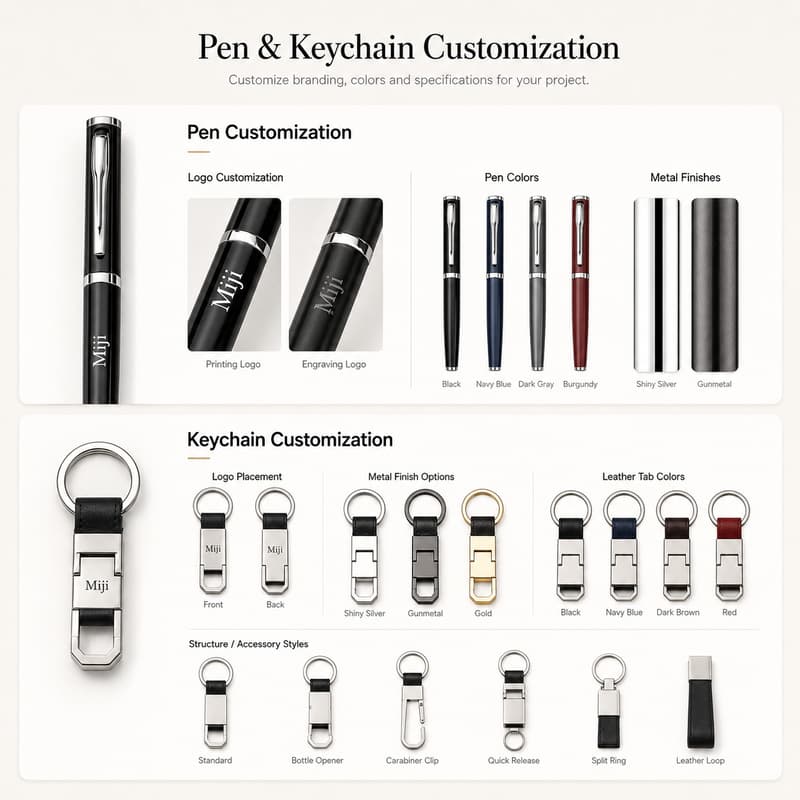 Customization options for branded business pen and keychain including colors and finishes