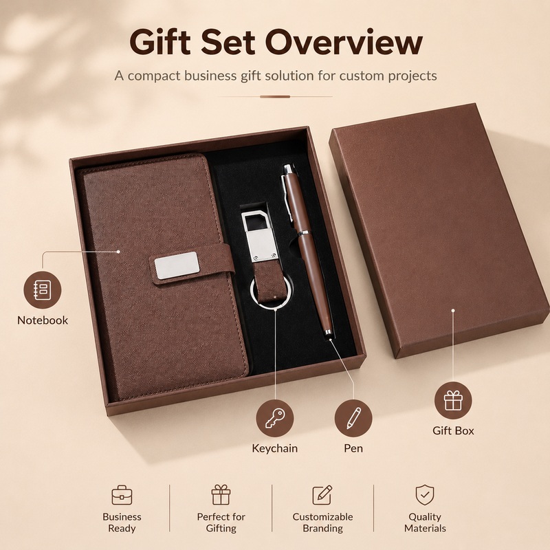 Gift set overview showing notebook, pen, keychain and gift box