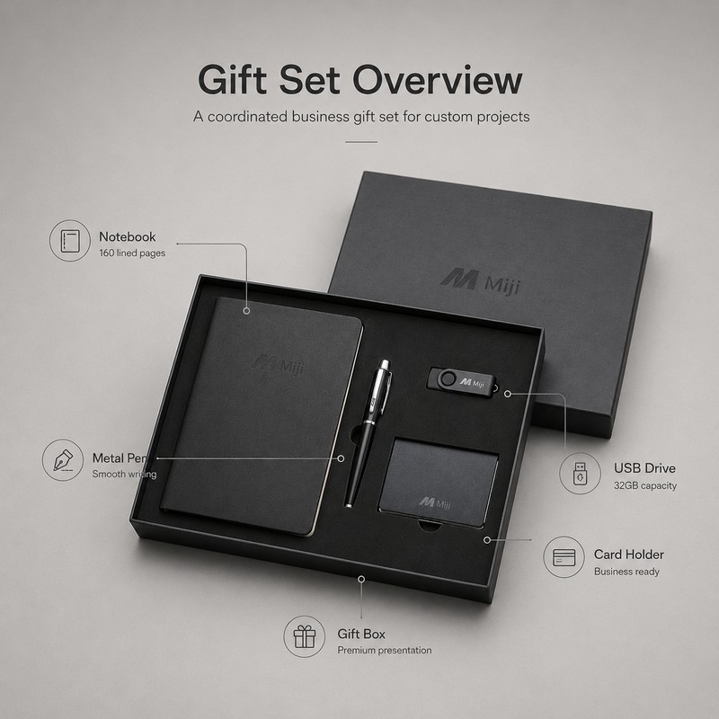 Gift Set Overview with Notebook Pen USB Card Holder and Gift Box