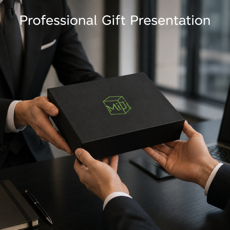 professionals presenting a closed black corporate gift box