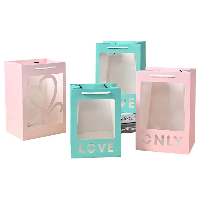 Custom Logo Recyclable Shopping Gift Paper Bags With Clear Transparent Window