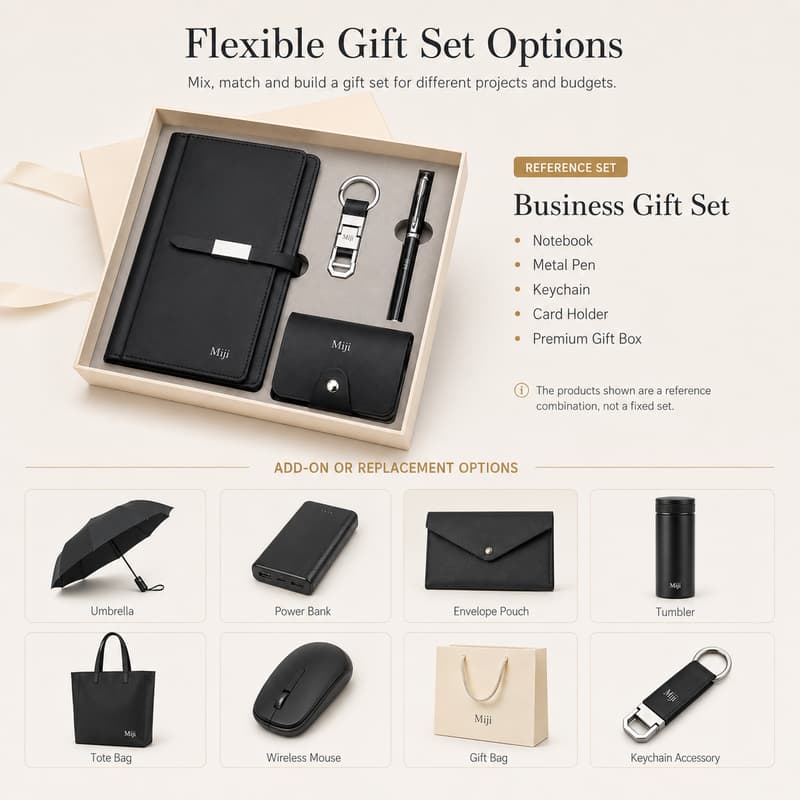 Reference business gift set with optional umbrella, power bank, pouch, tumbler and accessories