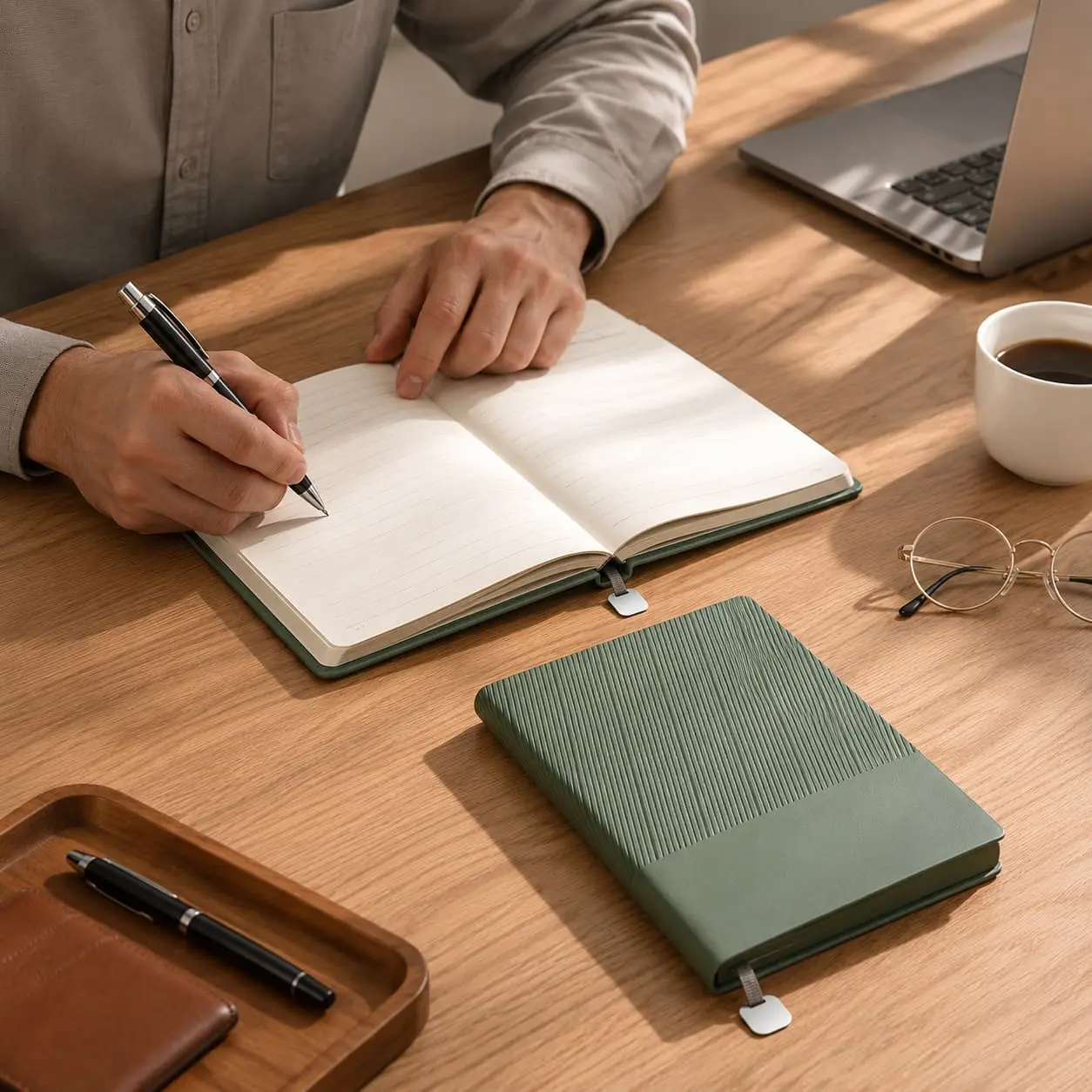 China Custom A5 Striped PU Hardcover Notebook with Metal Ribbon Bookmark and Optional Side Pen Holder Manufacturer, Factory