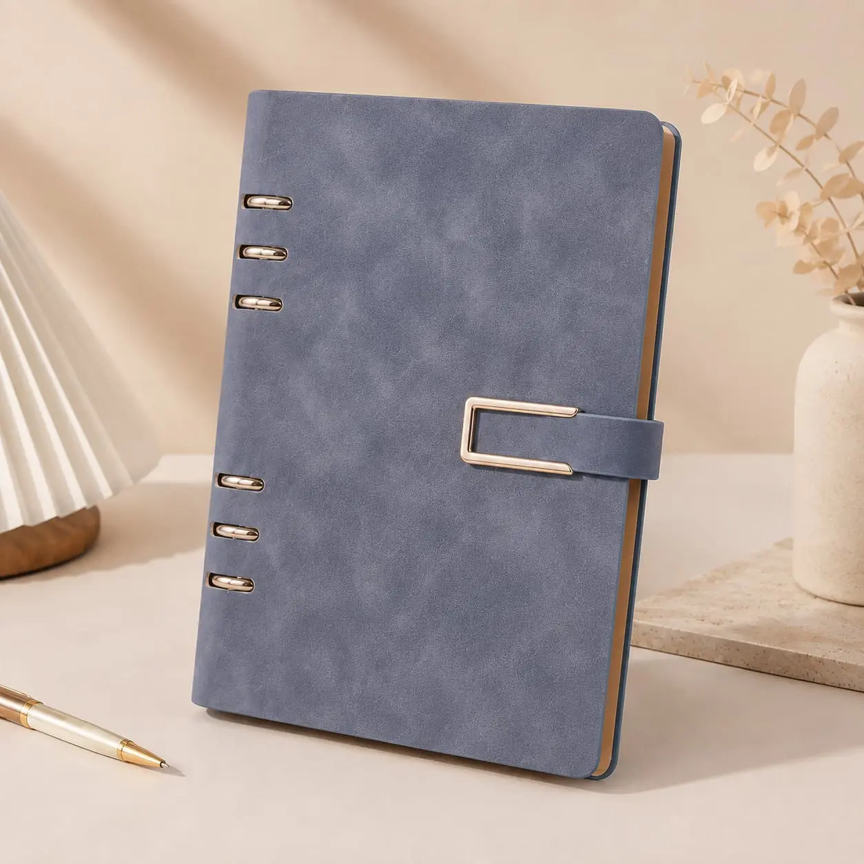 China Custom A5 Soft-Touch PU 6-Ring Loose-Leaf Notebook with Metal Pen Holder Manufacturer, Factories