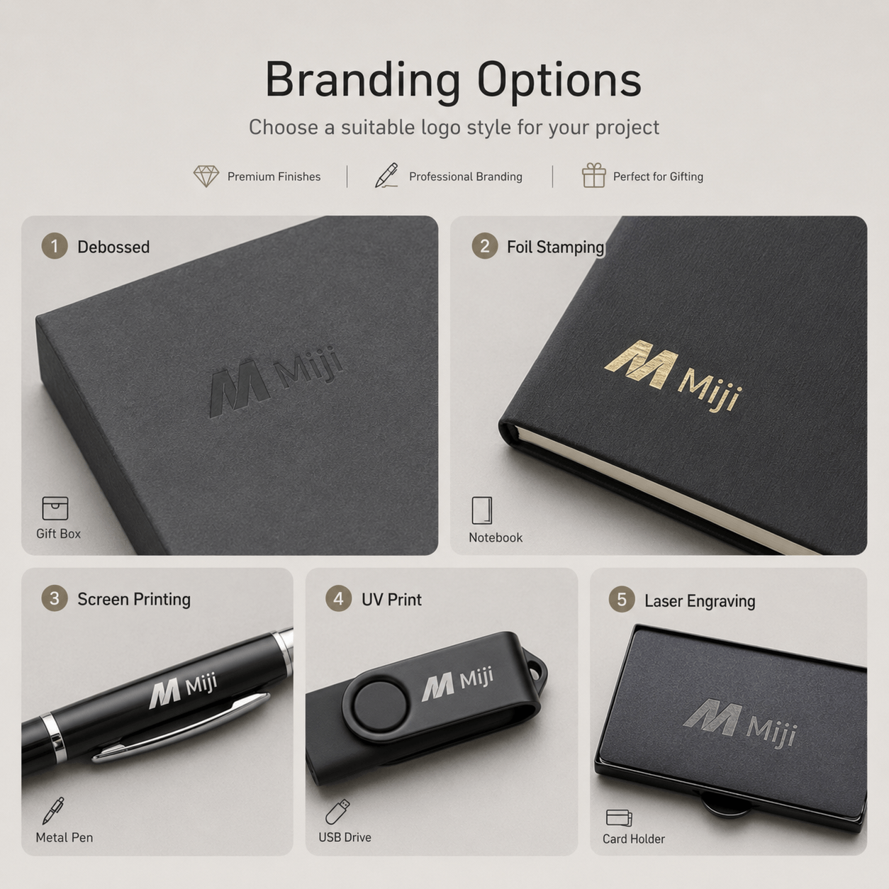 Branding Options with Debossing Foil Printing UV and Laser Engraving