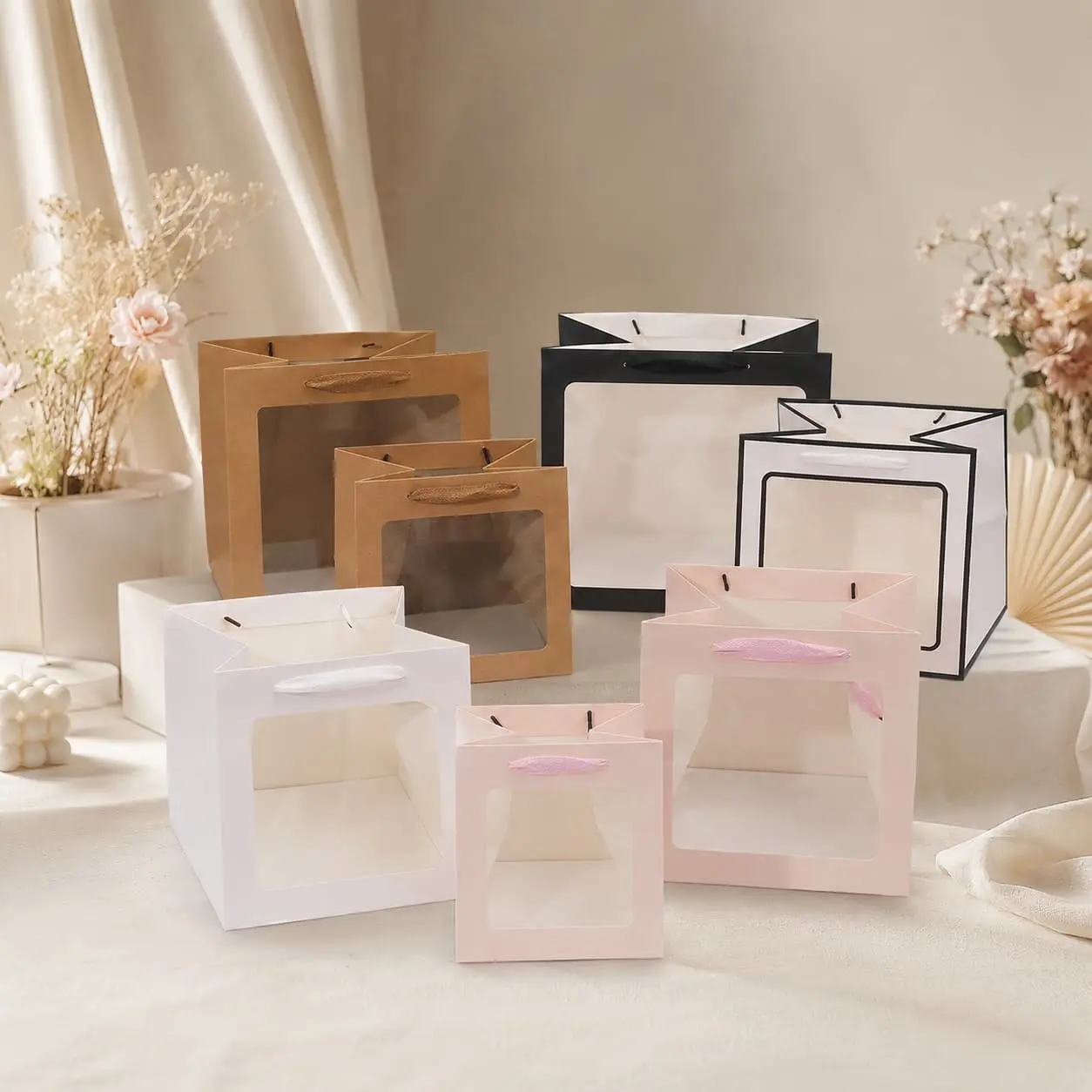 Custom Custom Clear Window Paper Gift Bags with Rope Handles Factories, Factory