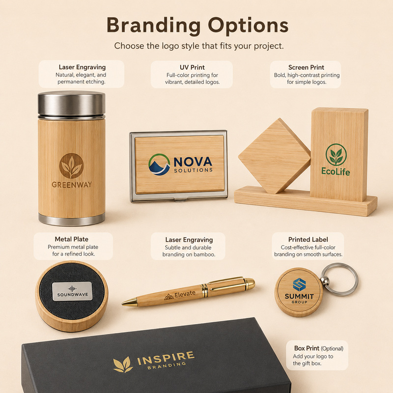 Branding options showing logo methods for bamboo bottle, card case, pen, desk organizer, speaker and gift box