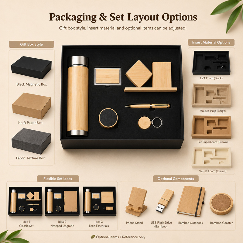 Packaging and set layout options with gift box styles, insert materials, flexible set ideas and optional components
