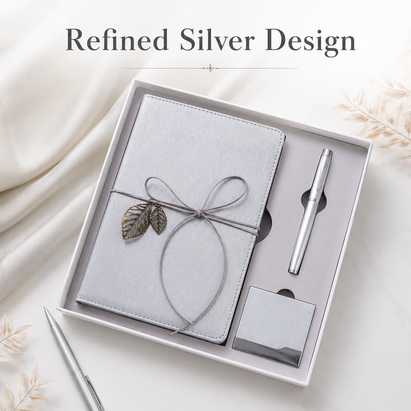 Silver themed notebook gift set highlighting coordinated premium materials and finish
