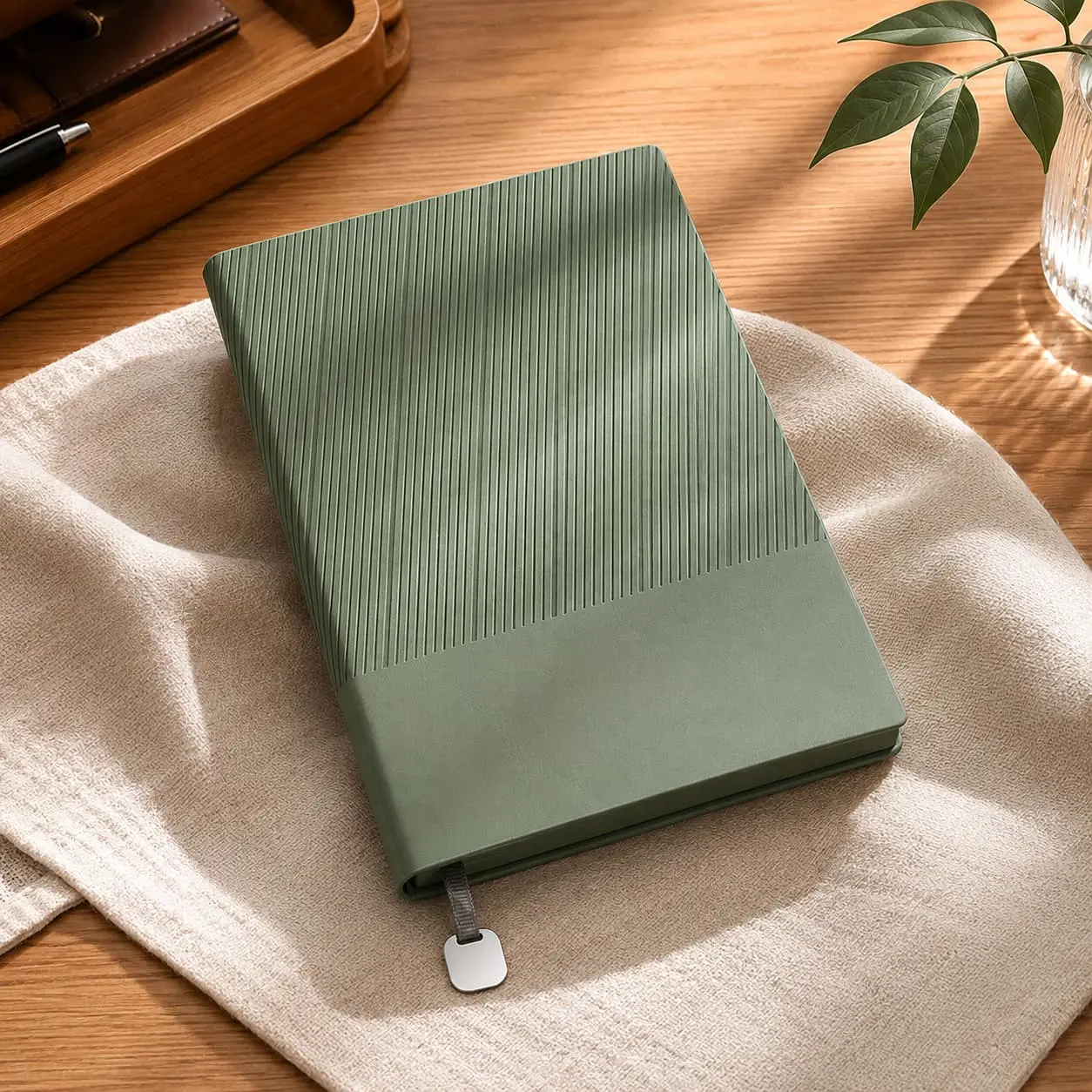 China Custom A5 Striped PU Hardcover Notebook with Metal Ribbon Bookmark and Optional Side Pen Holder Manufacturer, Factory