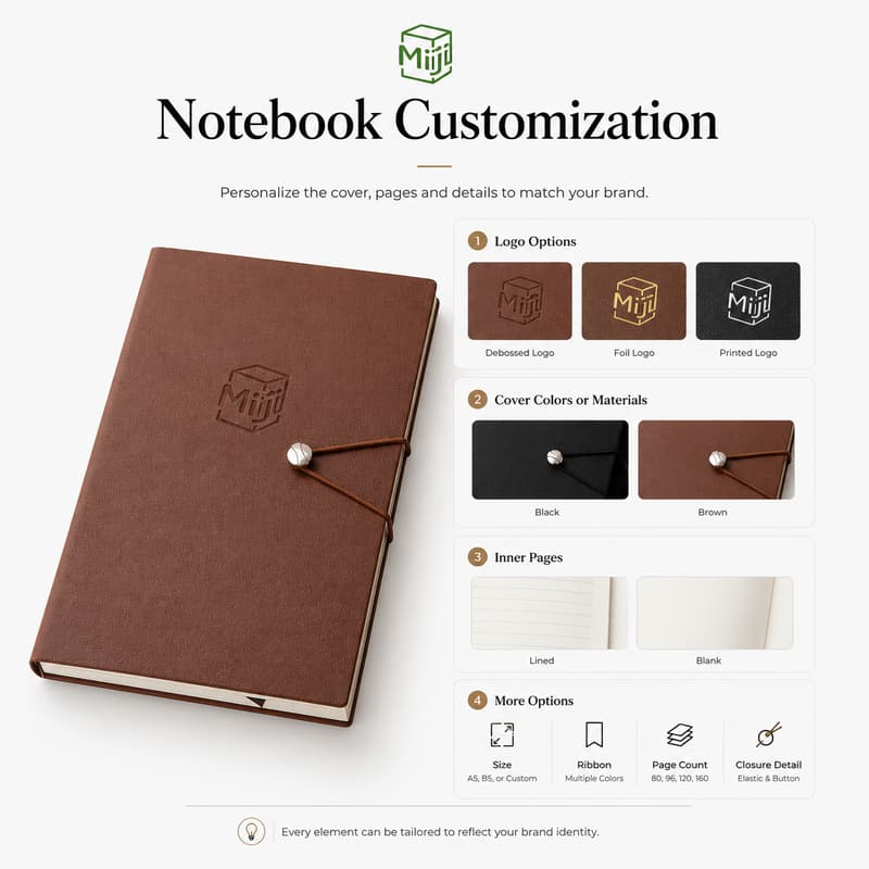 Detail page image showing notebook customization options including logo, cover and inner pages.