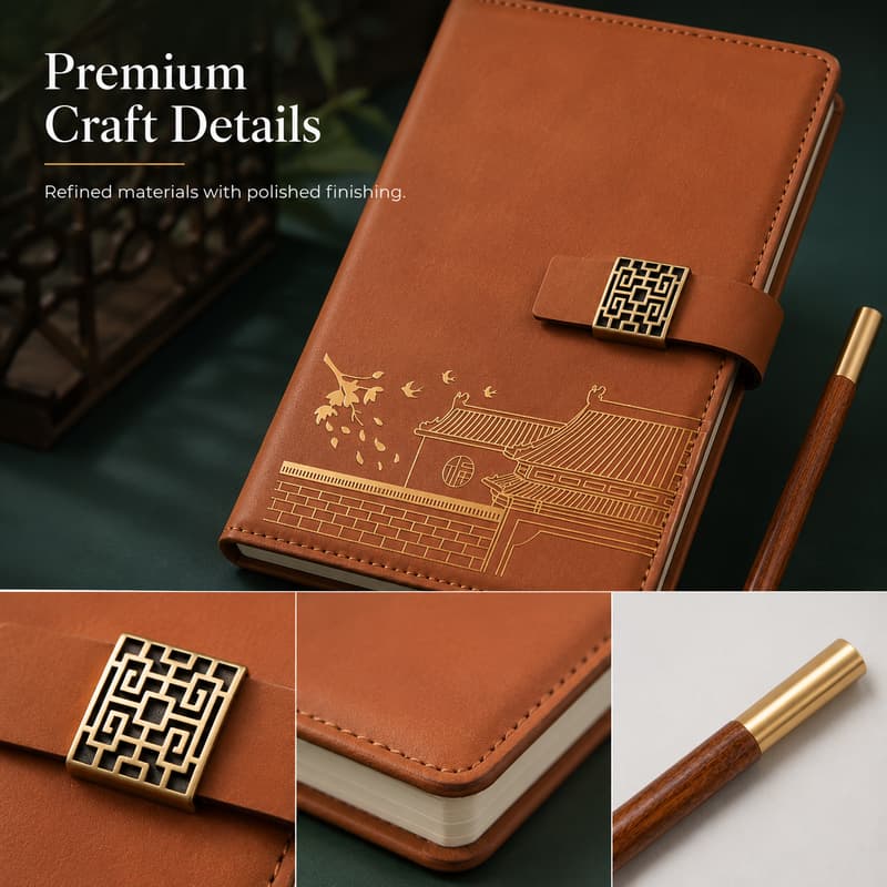 Close-up of clasp, stitching, cover and wood-look pen