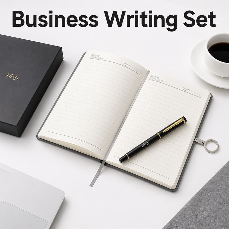 Open lined notebook with matching black gold pen shown as a business writing set