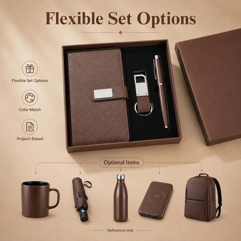 Flexible gift set options with optional promotional items for custom projects