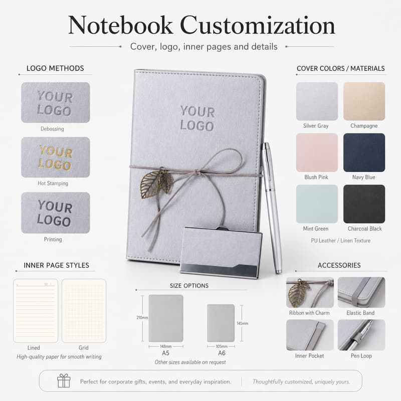 Customization guide for logo, cover, page layout and details of a silver business notebook