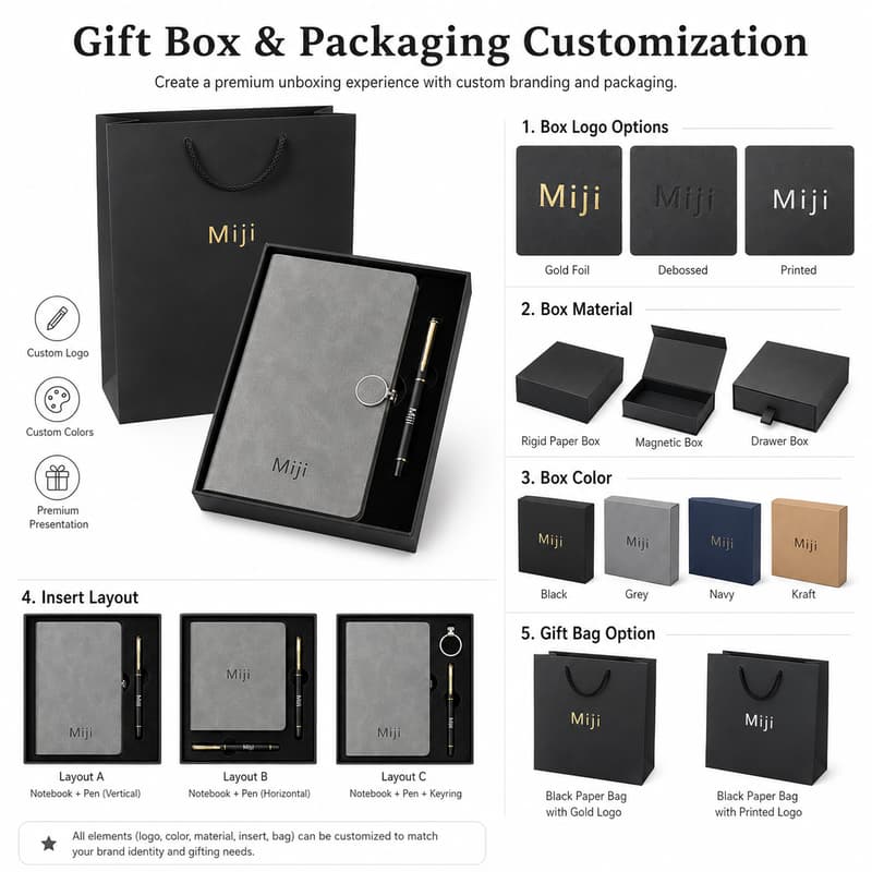 Customization guide for gift box logo, material, colors, insert layout and gift bag options