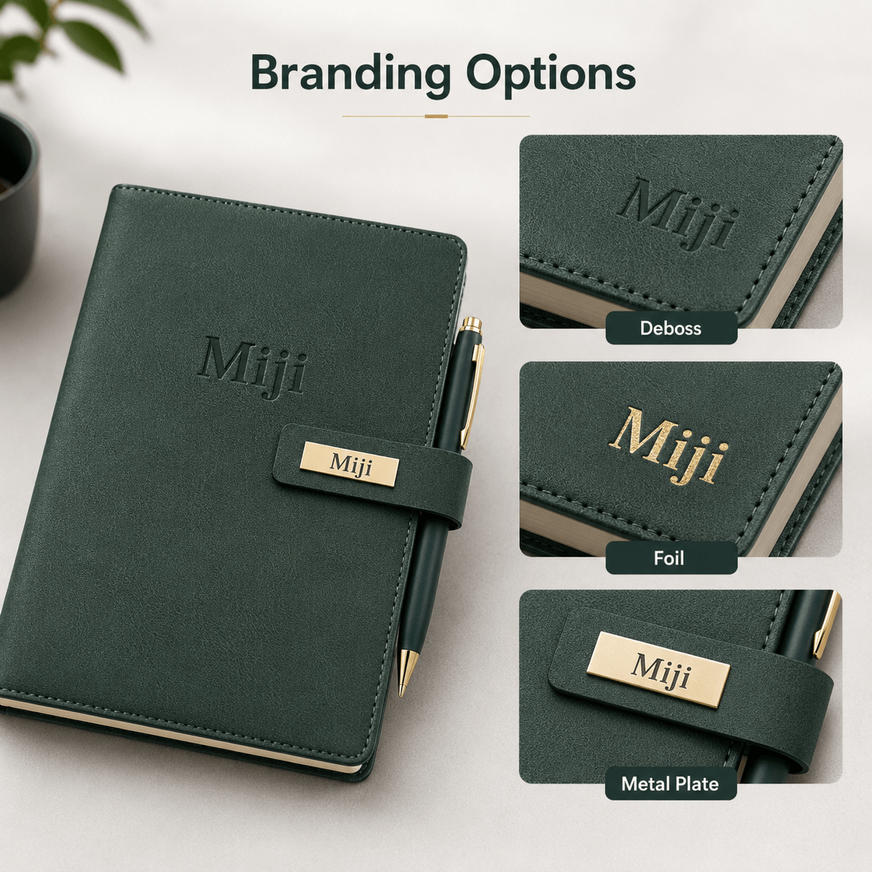 Branding options for custom logo notebook including deboss foil and metal plate