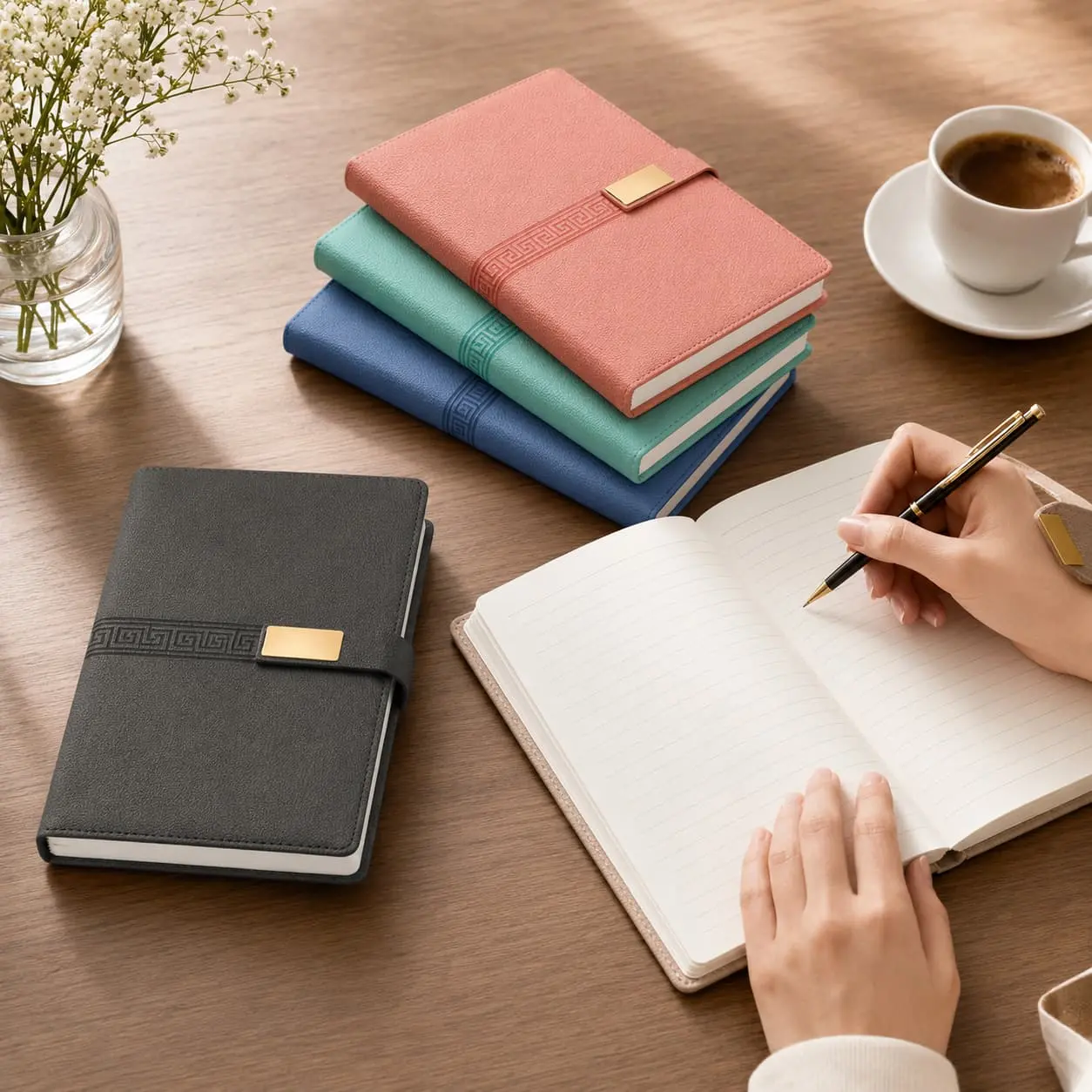 China Custom A5 Palm-Grain PU Gold Buckle Notebook | 100 Sheets / 200 Pages Factories, Factory
