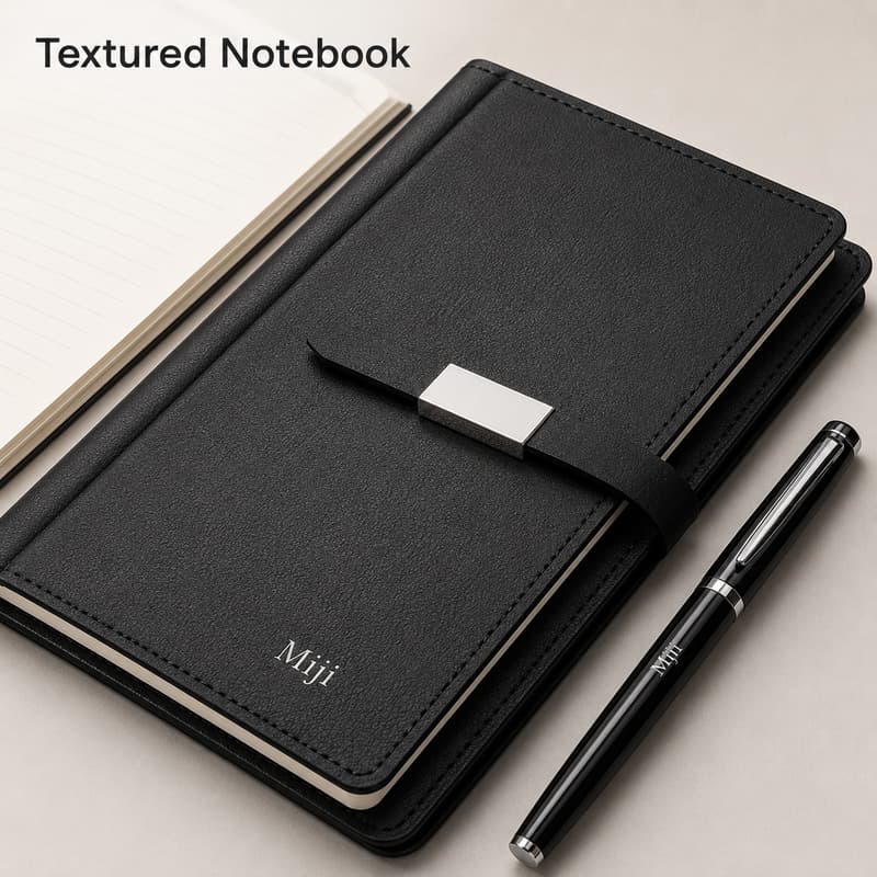 Close-up of a textured black notebook with matching pen in a gift set.