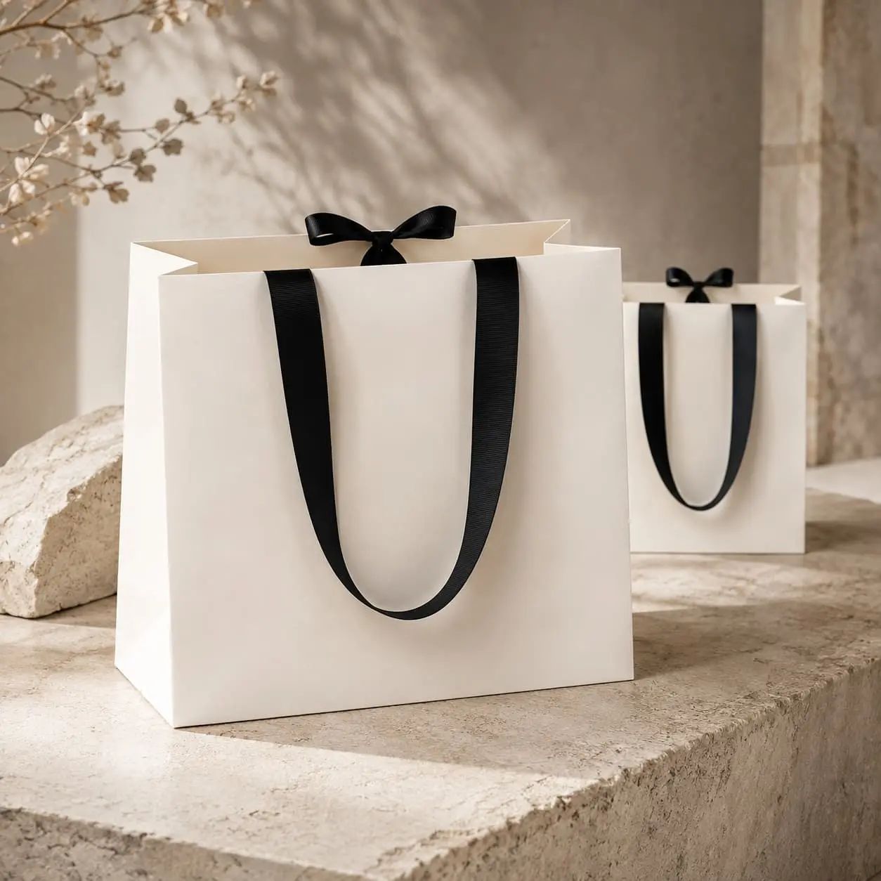 Wholesale Custom White Ribbon Handle Paper Gift Bags | Luxury Boutique Packaging Manufacturers, Supplier