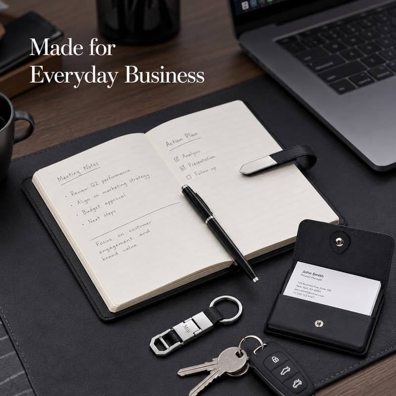 Notebook, pen, keychain and card holder shown in a business workspace