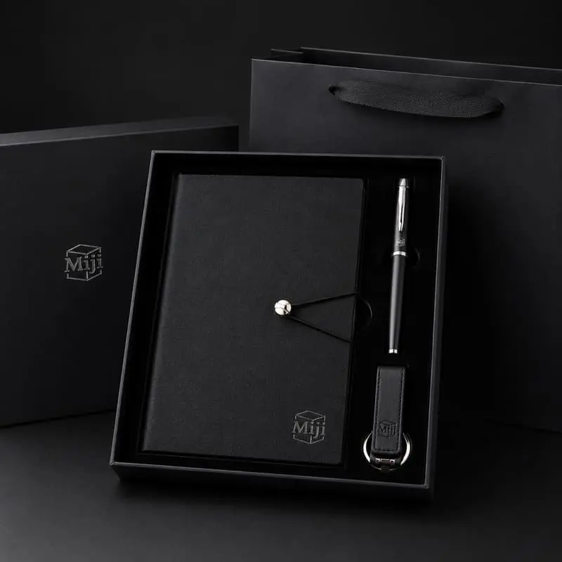 Custom Black Business Gift Set with Notebook, Pen and Keychain
