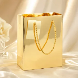 Wholesale Custom Metallic Gold Paper Gift Bags with Twisted Rope Handles Suppliers, Factory