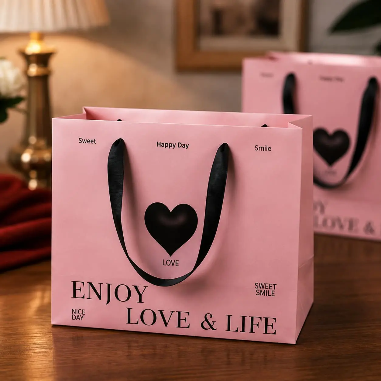 China Custom Pink Heart Paper Gift Bags with Black Ribbon Handles Manufacturer, Manufacturers