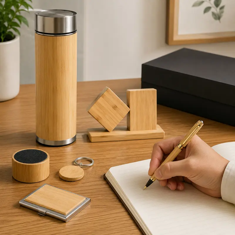 Custom Bamboo Office Gift Set with Bottle, Desk Organizer, Pen, Card Case and Keychain