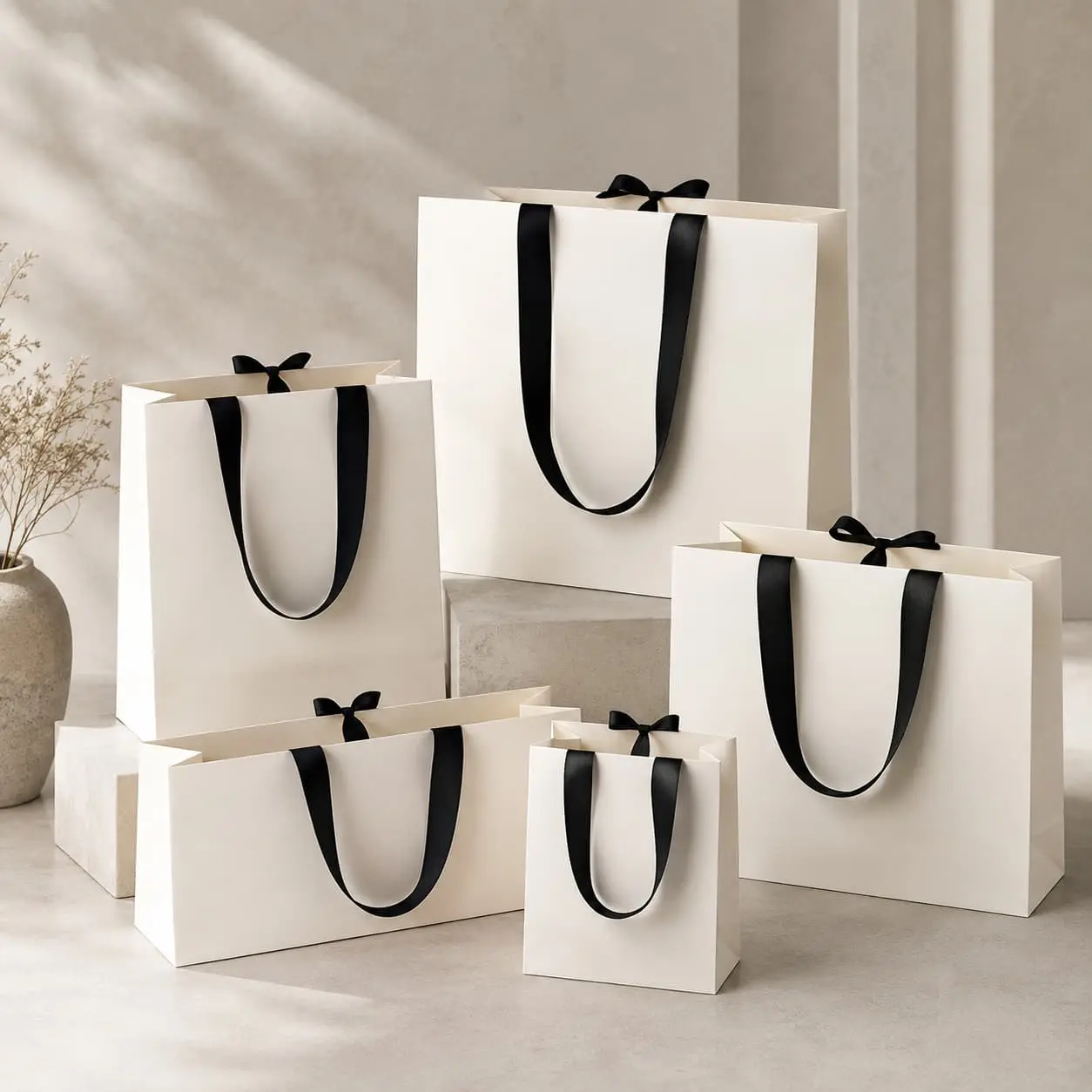 Wholesale Custom White Ribbon Handle Paper Gift Bags | Luxury Boutique Packaging Manufacturers, Supplier