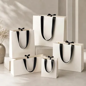 Wholesale Custom White Ribbon Handle Paper Gift Bags | Luxury Boutique Packaging Manufacturers, Supplier